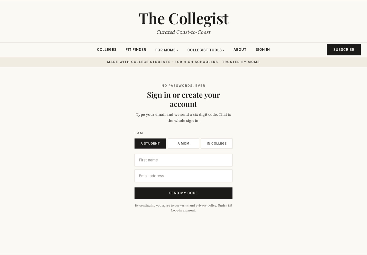 Sign in with a six digit code