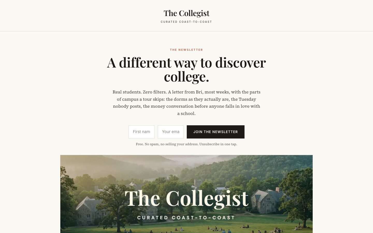 The newsletter signup page