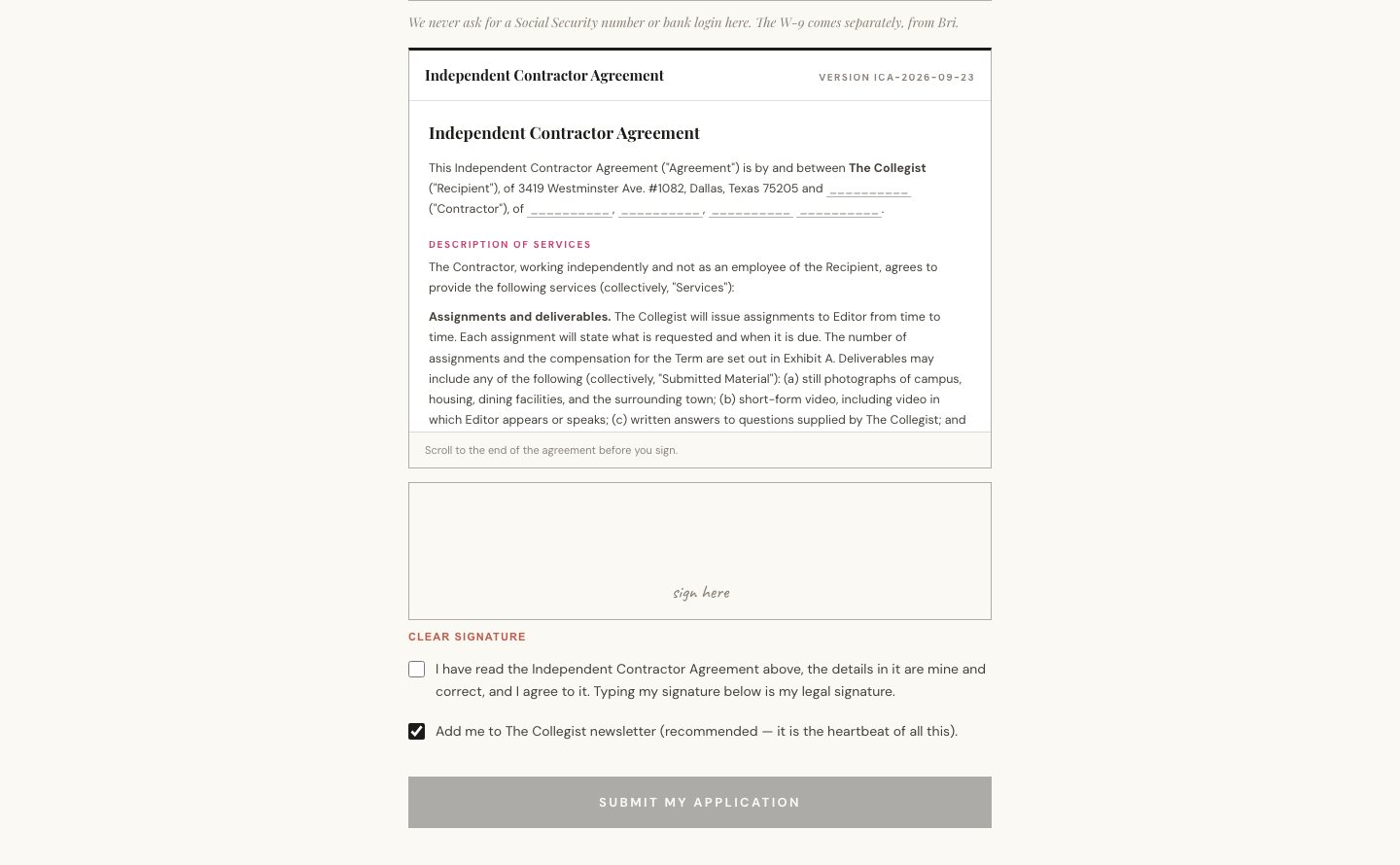 Campus Editor onboarding with the Independent Contractor Agreement inside it
