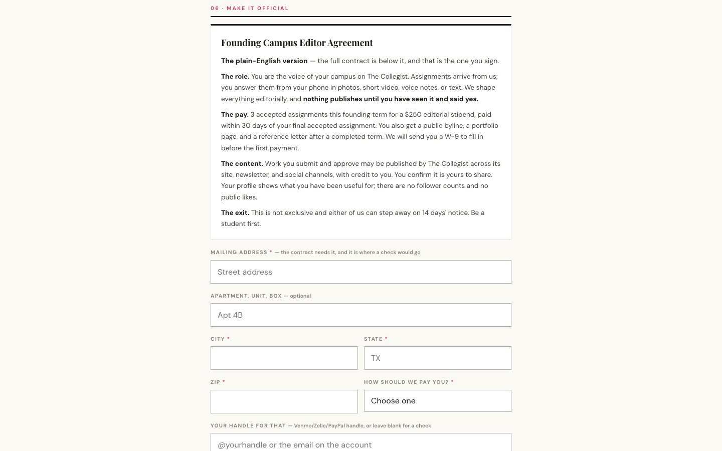 Make it official: the plain-English terms, mailing address and payment method